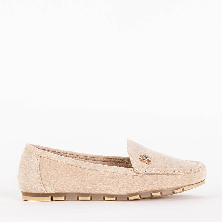 Beige women's eco-suede loafers with Pixila decoration - Footwear
