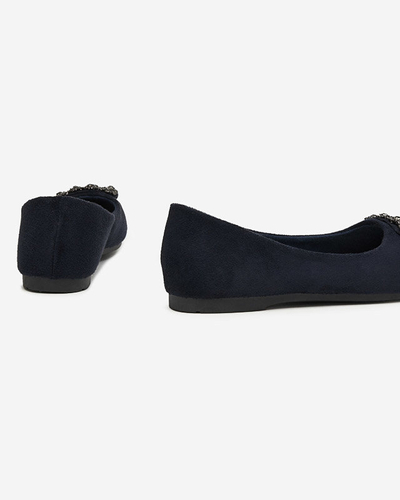 Navy blue women's eco-suede ballerinas with Linselisa ornament - Shoes