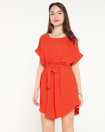 Orange women's long tunic blouse with a tie - Clothing