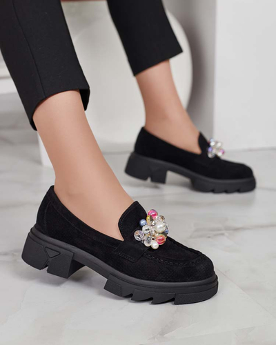 Royalfashion Черные женские мокасины с разноцветными кристаллами Glam