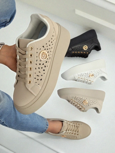 Cleo Ecru Platino – beige platform sneakers Royalfashion eco leather