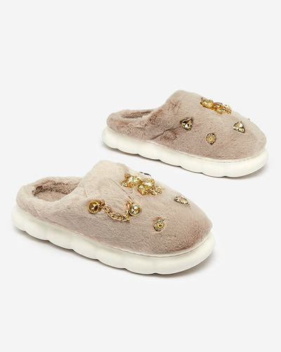 Royalfashion Grey women's fur slippers with ornaments Erserra