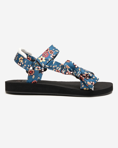 Ladies 'black sandals with blue stripes with Lilien flowers - Footwear