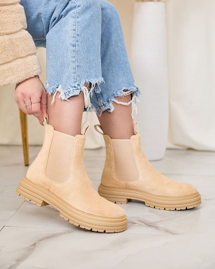 Royalfashion Бежевые женские сапоги с декоративным ремешком Loffdo