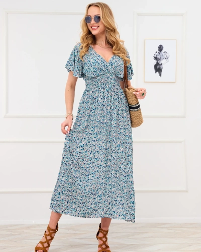 Green women's floral dress with envelope neckline - Clothing