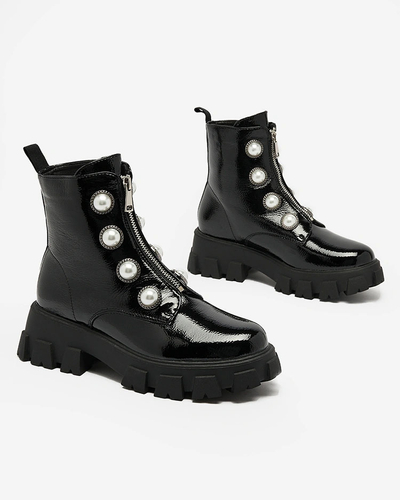 Royalfashion Черные женские лакированные жемчужные сапоги Asiciu