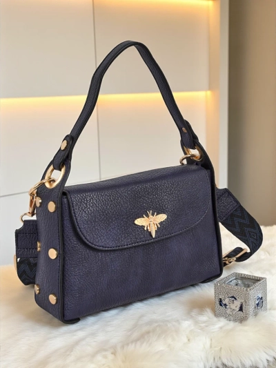Melia Cielo Women's Handbag – Navy Blue Eco Leather with Bee Motif