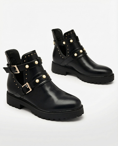 Royalfashion Melni sieviešu zābaki melnā krāsā ar rotājumiem Pērļu elegance