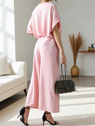 Royalfashion Women's casual set with short sleeve blouse and wide trousers