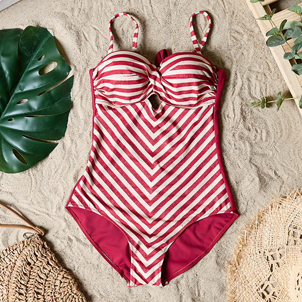 One-piece red striped women's swimsuit- Underwear
