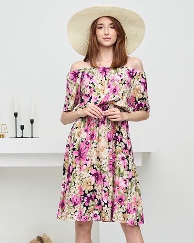Dark pink knee-length dress with a multicolored floral pattern - Clothing