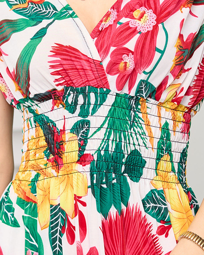 Short white dress with shoulder straps in a floral pattern - Clothing