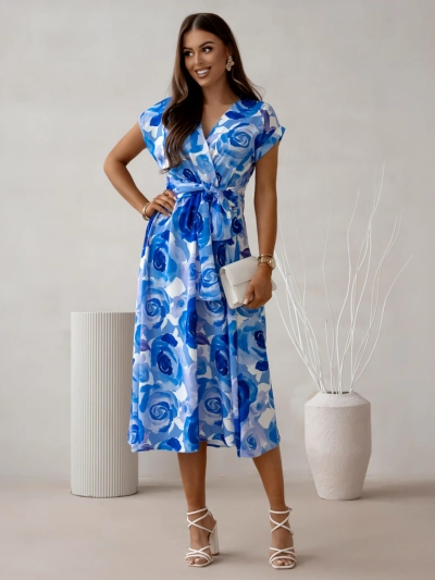 Royalfashion Women's midi dress with short sleeves, wrap neckline in roses