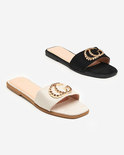 Eco suede beige slippers with a golden Hana ornament - Footwear