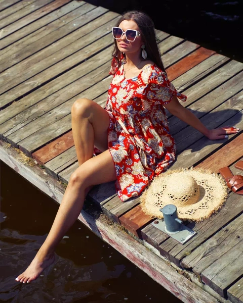 Royalfashion Красное женское платье с красочным цветочным рисунком