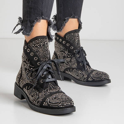 Black women's boots with cubic zirconias Elwira - Footwear
