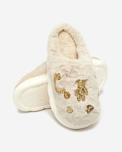 Royalfashion Beige women's fur slippers with ornaments Erserra
