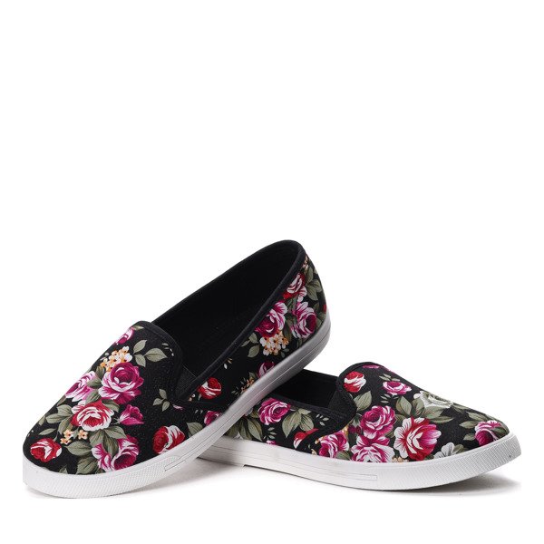 Czarne tenisówki typu slip on w kwiaty - Obuwie