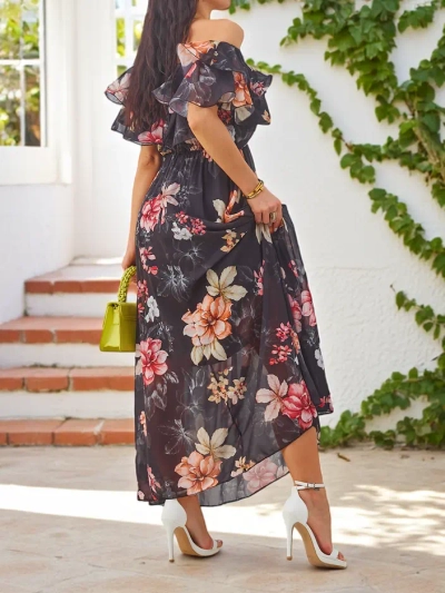 Royalfashion Sieviešu kleita bez plecu siksnām ar īsām piedurknēm dažādos ziedu rakstos