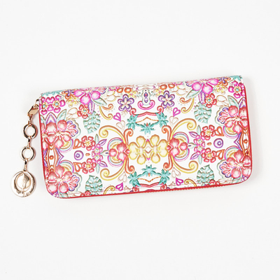 Large white and red women's wallet with a floral pattern - Accessories
