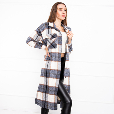 Ladies' navy blue checked long shirt - Clothing