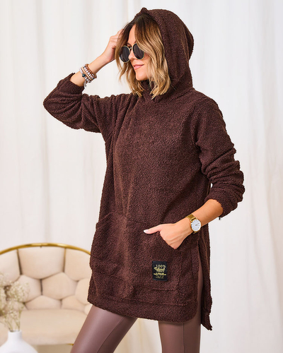 Royalfashion Dark brown women's long sweater with hood