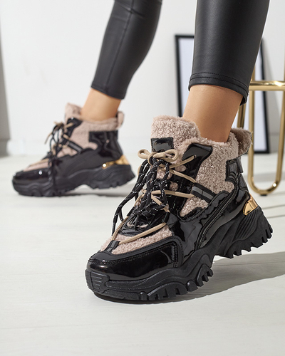 Черные женские спортивные кроссовки с мехом и бежевыми шнурками Adbo- Footwear