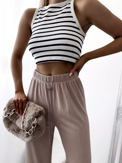 Light brown women's wide ribbed pants - Clothing