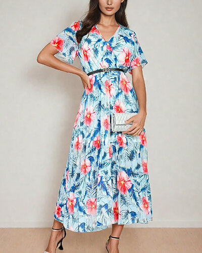 Royalfashion Sieviešu plisēta puķaina midi kleita