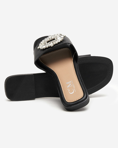 Black women's slippers with a silver ornament - Footwear