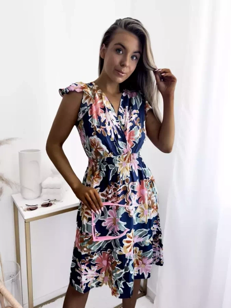 Sieviešu tumši zila mini kleita ar ziedu apdruku - Apģērbi