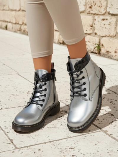 Women's Silver Celestina Eco Patent Leather Ankle Boots with Zipper