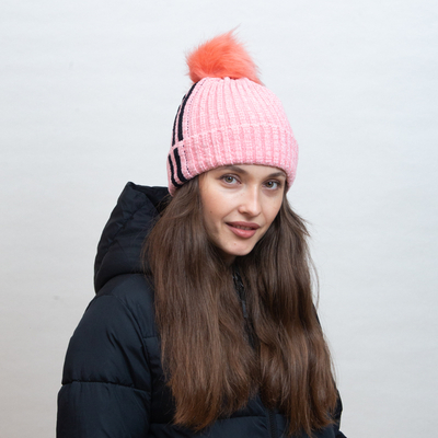 Pink insulated beanie with white stripes and pompom - Accessories