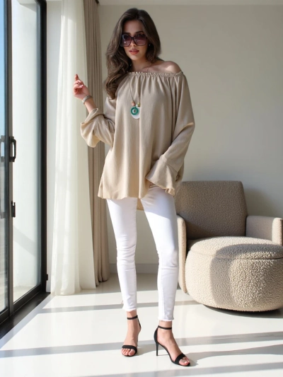 Royalfashion Sieviešu blūze bez pleciem ar volāniem