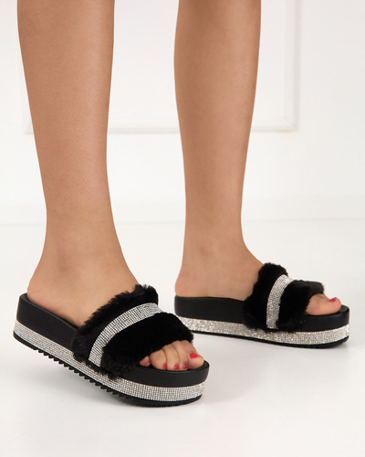 Black women's slippers with fur and cubic zirconia Zerika - Footwear
