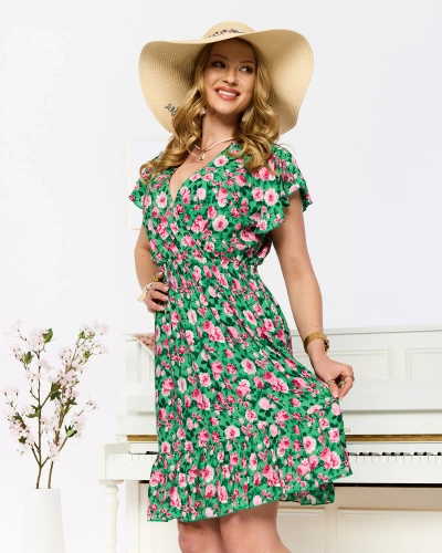 Green and pink short women's print dress - Clothing