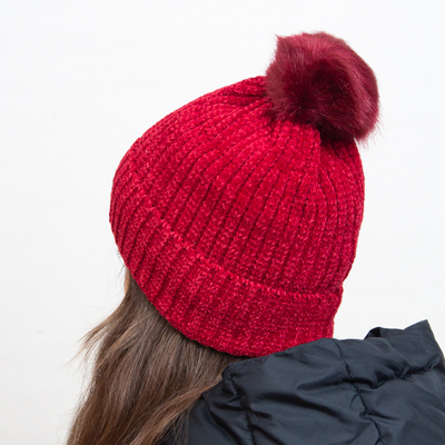 Maroon insulated beanie with white stripes and pompom - Accessories