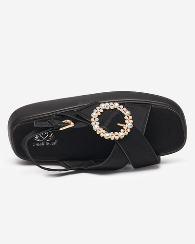Black fabric women's sandals on a flat sole with cubic zirconia Senire - Footwear