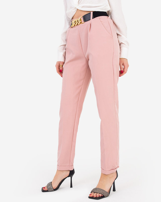 Pink women's fabric trousers with a belt - Clothing