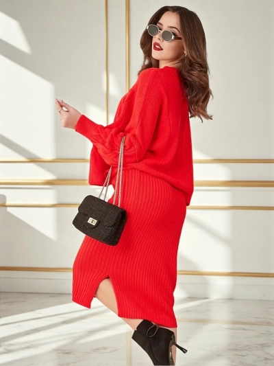 Royalfashion Acrylic braided women's set with sweater and skirt Warm&Fuzzy