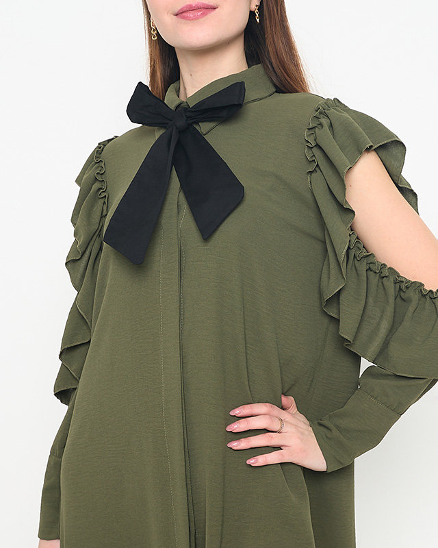 Dark green shirt style dress with ruffles and bow - Clothing