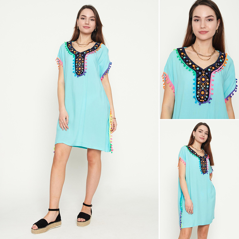 Women's mint summer beach tunic with fringes - Clothing