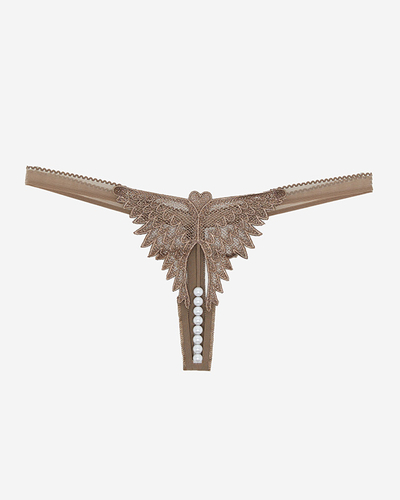 Ladies' brown thong with lace and beads - Underwear