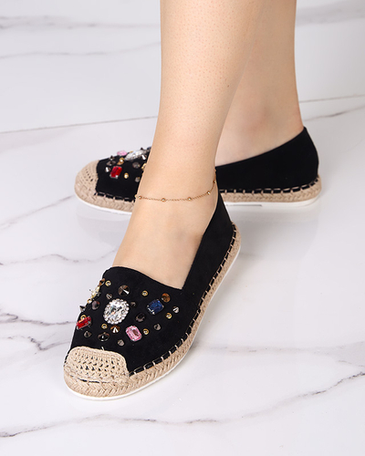 Black women's eco-suede espadrilles with cubic zirconias Mediros - Footwear