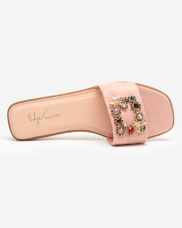 OUTLET Women's pink eco suede slippers with a golden buckle Kom- Footwear