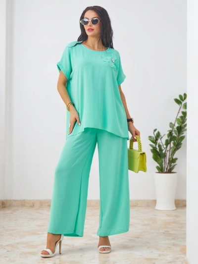 Royalfashion Women's set with short sleeves, decorative flower and wide pants