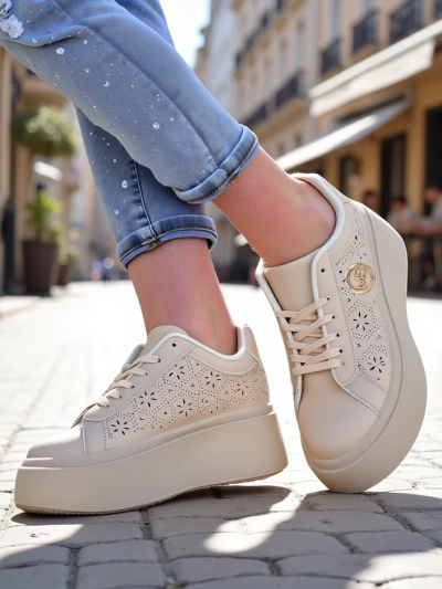 Aurelia Beige Platform Sneakers Royalfashion Eco Leather