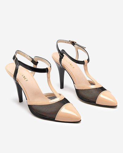 Beige and black women's sandals on a high heel with covered fingers Niddl- Footwear