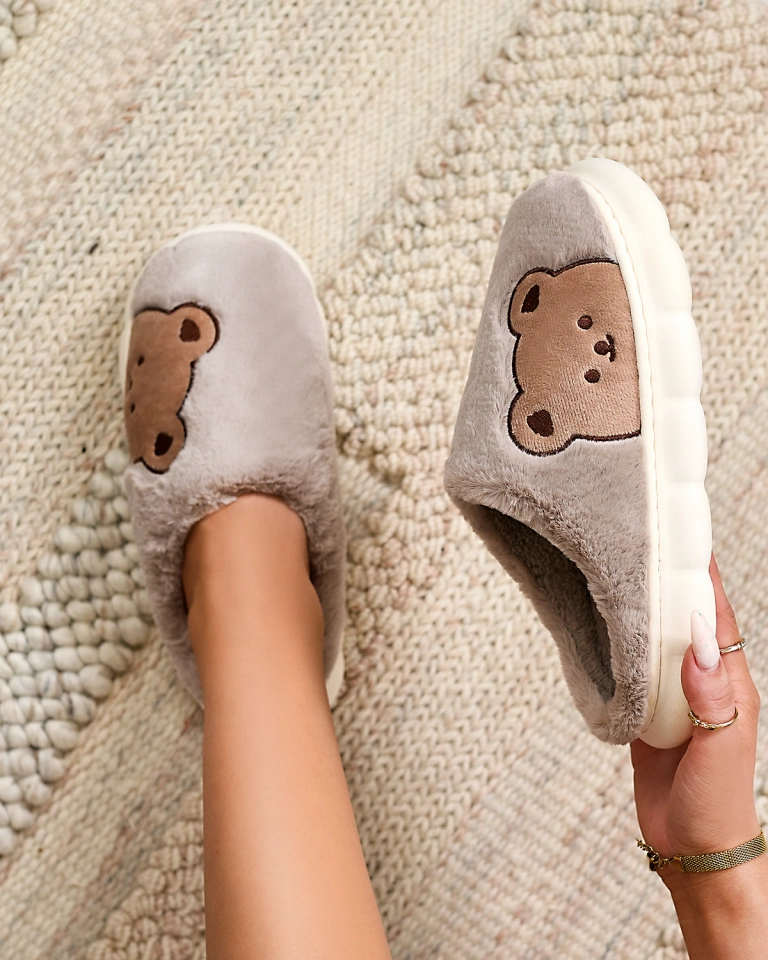 Royalfashion Women's fur slippers with teddy bear in gray Fetemes