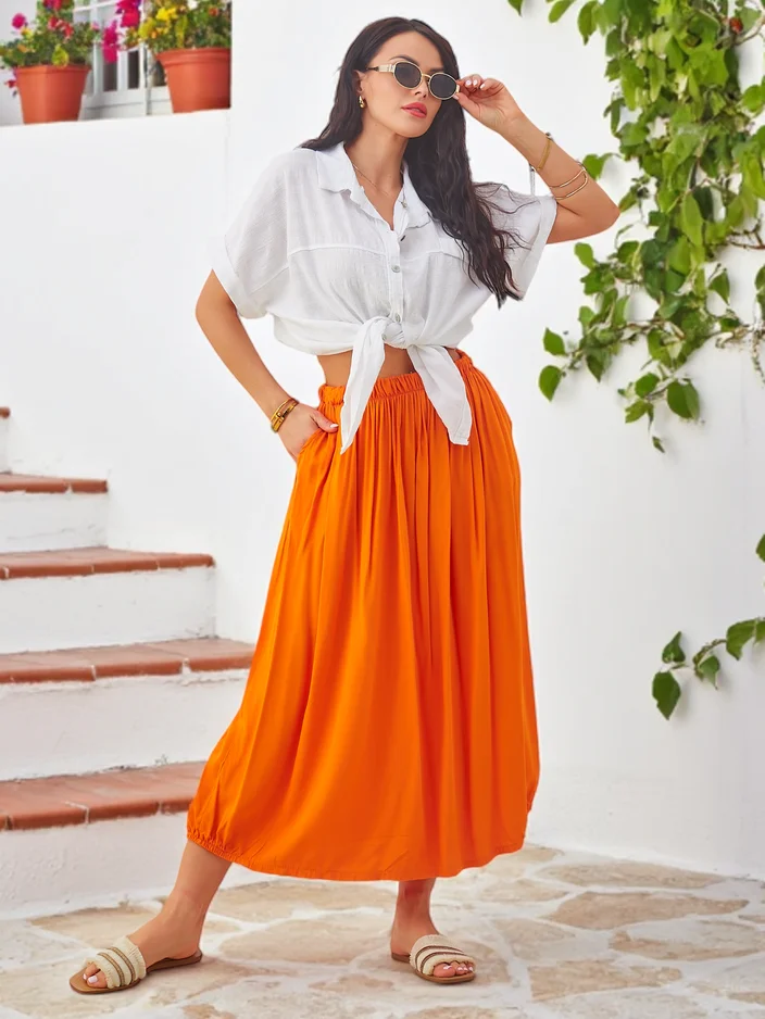 Royalfashion Women's Viscose Midi Skirt Summer Lightweight with Two Pockets